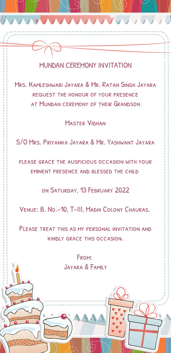 Mrs. Kamleshwari Jayara & Mr. Ratan Singh Jayara request the honour of your presence