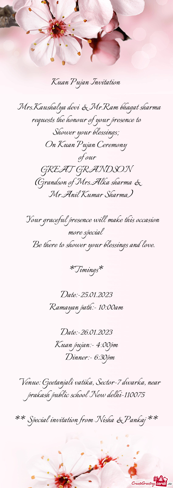 Mrs.Kaushalya devi & Mr.Ram bhagat sharma requests the honour of your presence to
