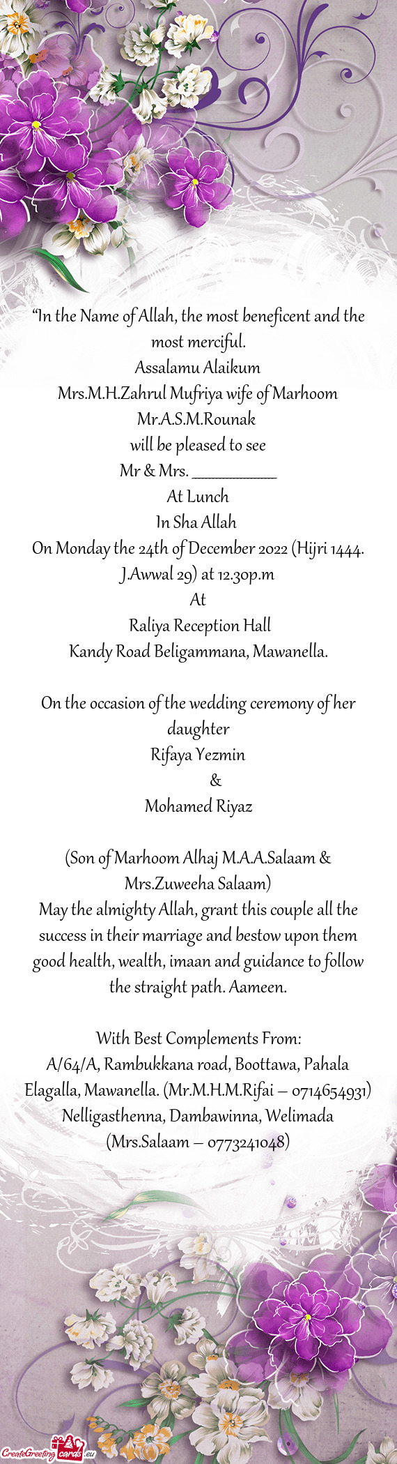 Mrs.M.H.Zahrul Mufriya wife of Marhoom Mr.A.S.M.Rounak
