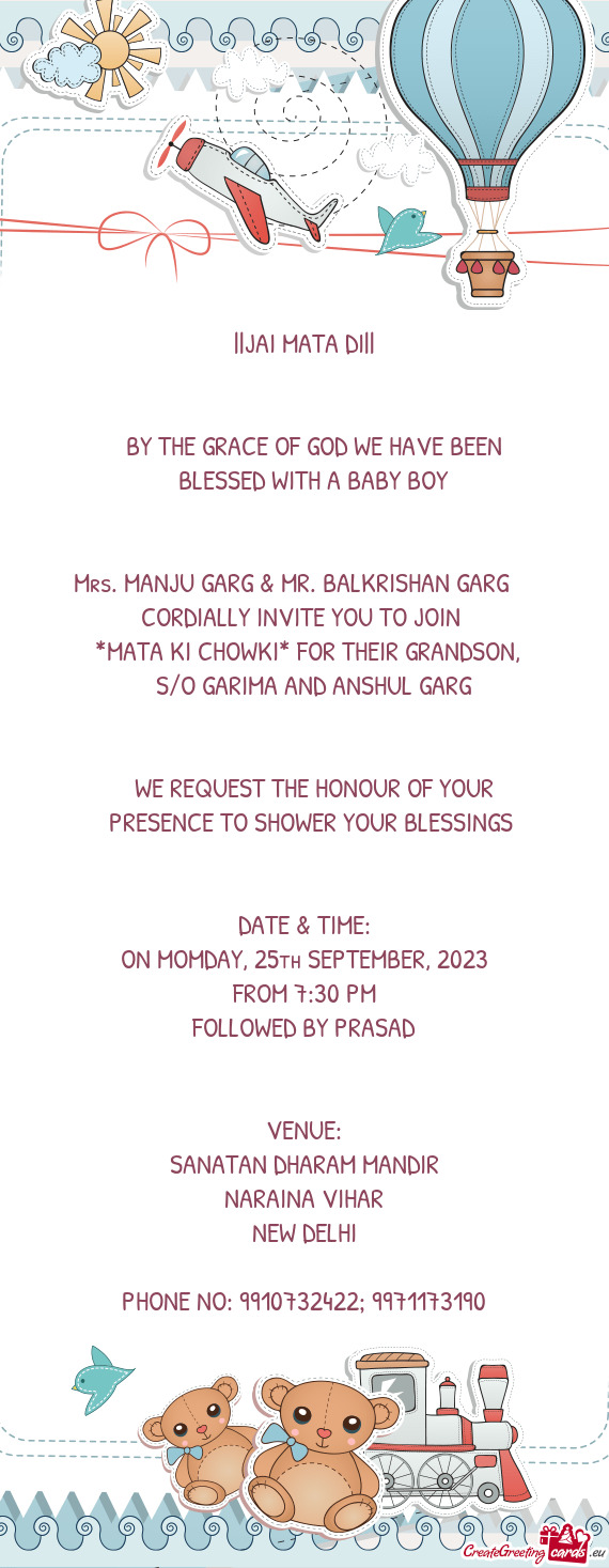 Mrs. MANJU GARG & MR. BALKRISHAN GARG  CORDIALLY INVITE YOU TO JOIN