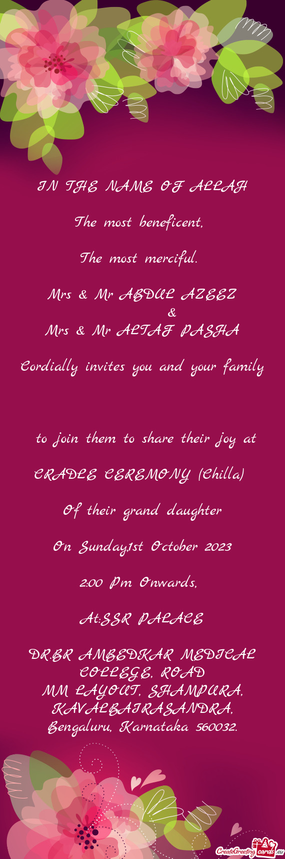 Mrs & Mr ABDUL AZEEZ   & Mrs & Mr ALTAF PASHA Cordially invites you and your family