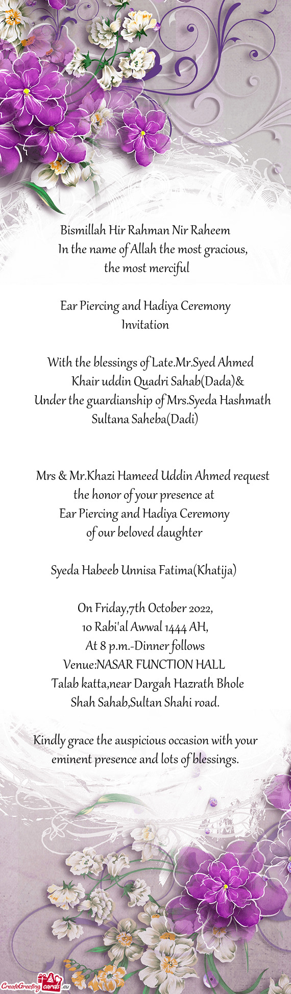Mrs & Mr.Khazi Hameed Uddin Ahmed request the honor of your presence at