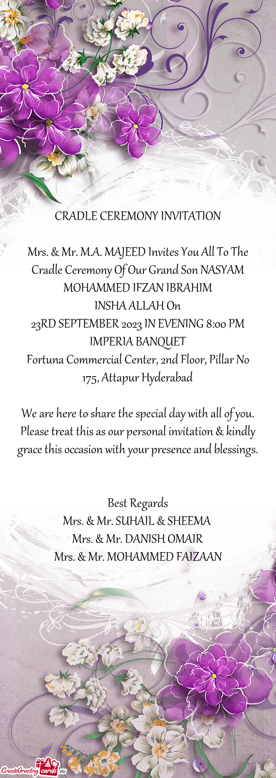 Mrs. & Mr. M.A. MAJEED Invites You All To The Cradle Ceremony Of Our Grand Son NASYAM MOHAMMED IFZAN