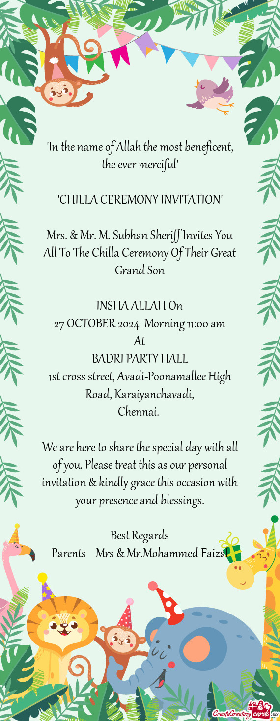 Mrs. & Mr. M. Subhan Sheriff Invites You All To The Chilla Ceremony Of Their Great Grand Son