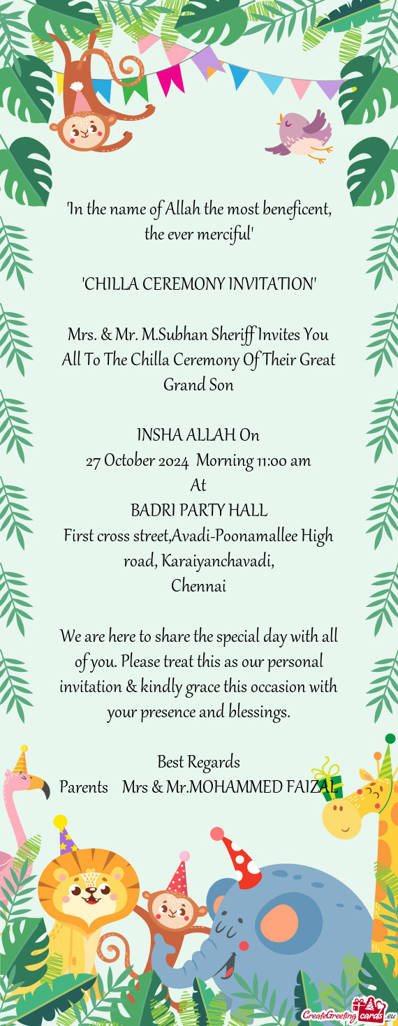 Mrs. & Mr. M.Subhan Sheriff Invites You All To The Chilla Ceremony Of Their Great Grand Son