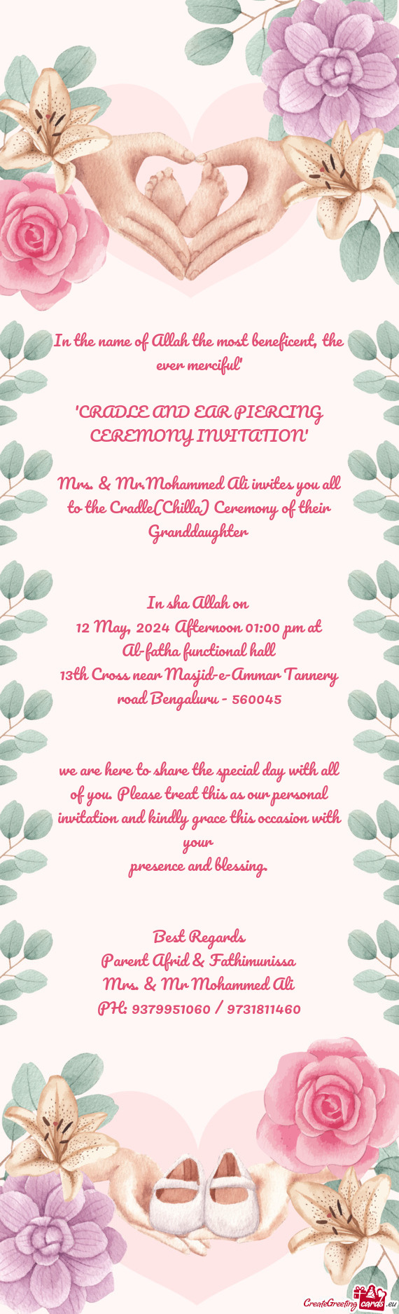 Mrs. & Mr.Mohammed Ali invites you all to the Cradle(Chilla) Ceremony of their Granddaughter
