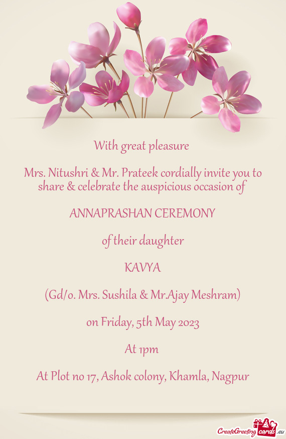Mrs. Nitushri & Mr. Prateek cordially invite you to share & celebrate the auspicious occasion of