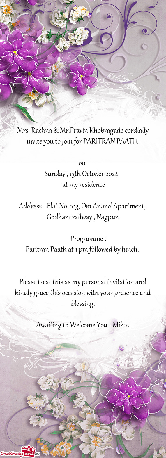 Mrs. Rachna & Mr.Pravin Khobragade cordially invite you to join for PARITRAN PAATH