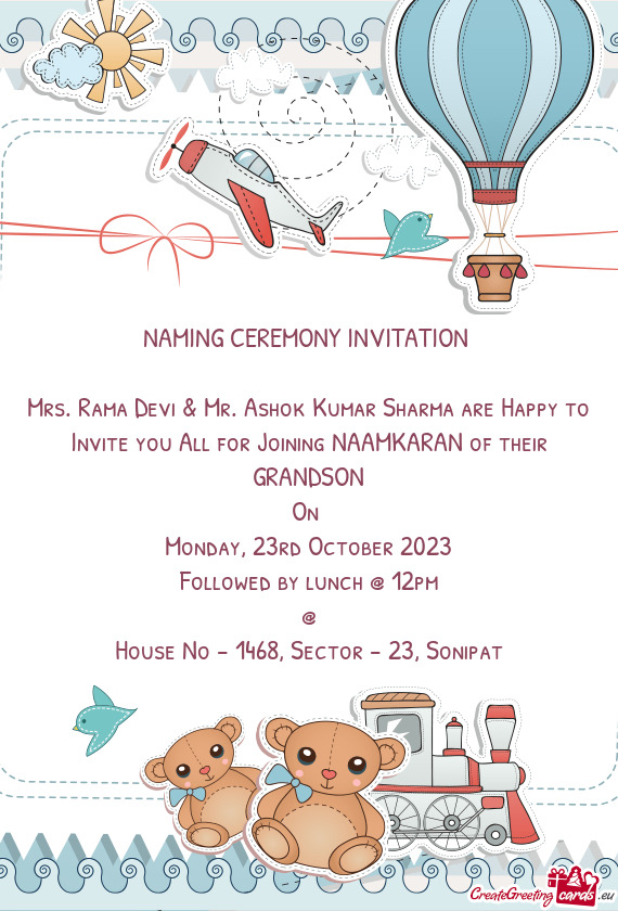 Mrs. Rama Devi & Mr. Ashok Kumar Sharma are Happy to Invite you All for Joining NAAMKARAN of their G