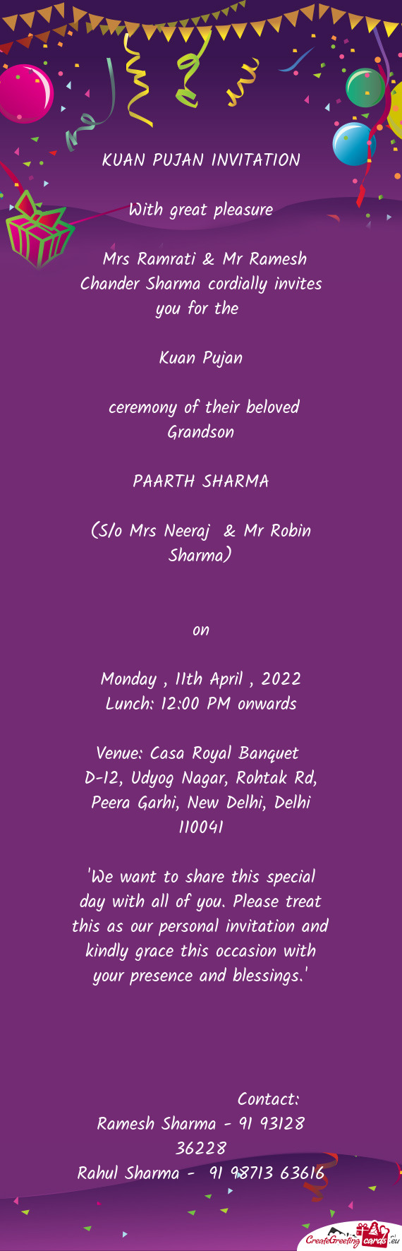 Mrs Ramrati & Mr Ramesh Chander Sharma cordially invites you for the