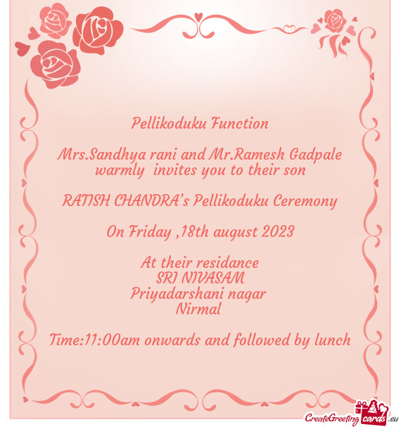 Mrs.Sandhya rani and Mr.Ramesh Gadpale warmly invites you to their son