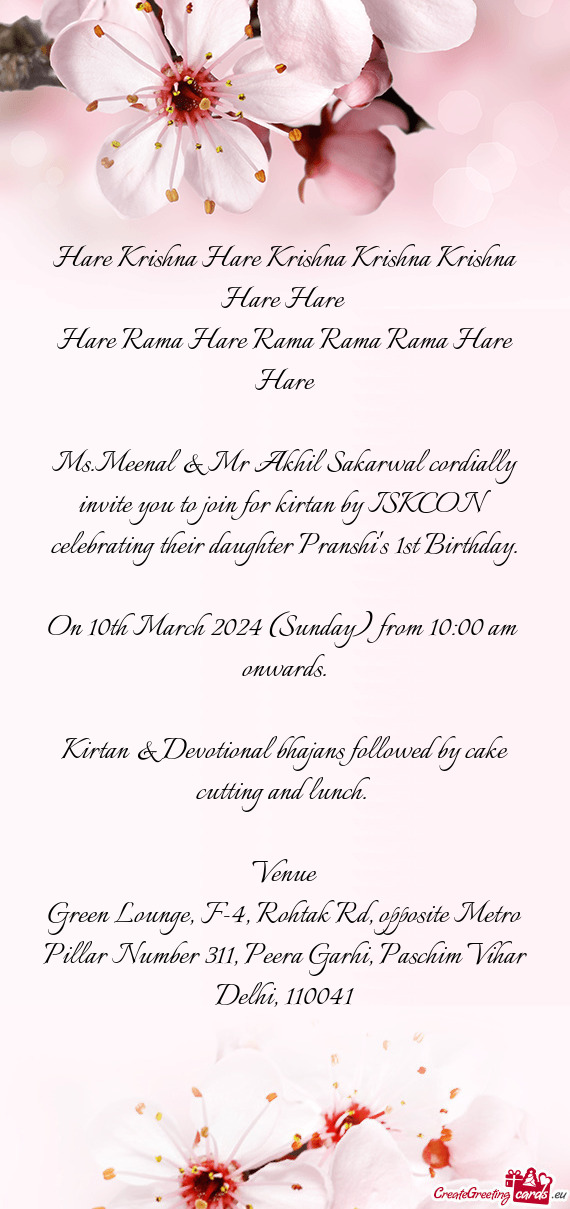 Ms.Meenal & Mr Akhil Sakarwal cordially invite you to join for kirtan by ISKCON celebrating their da