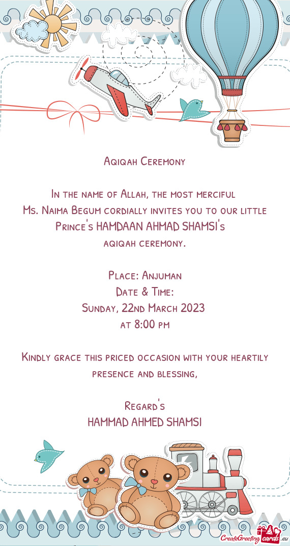 Ms. Naima Begum cordially invites you to our little Prince