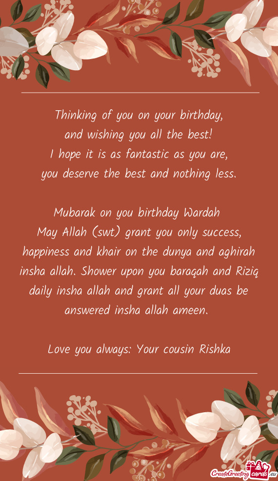 Mubarak on you birthday Wardah