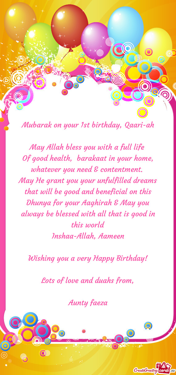 Mubarak on your 1st birthday, Qaari-ah