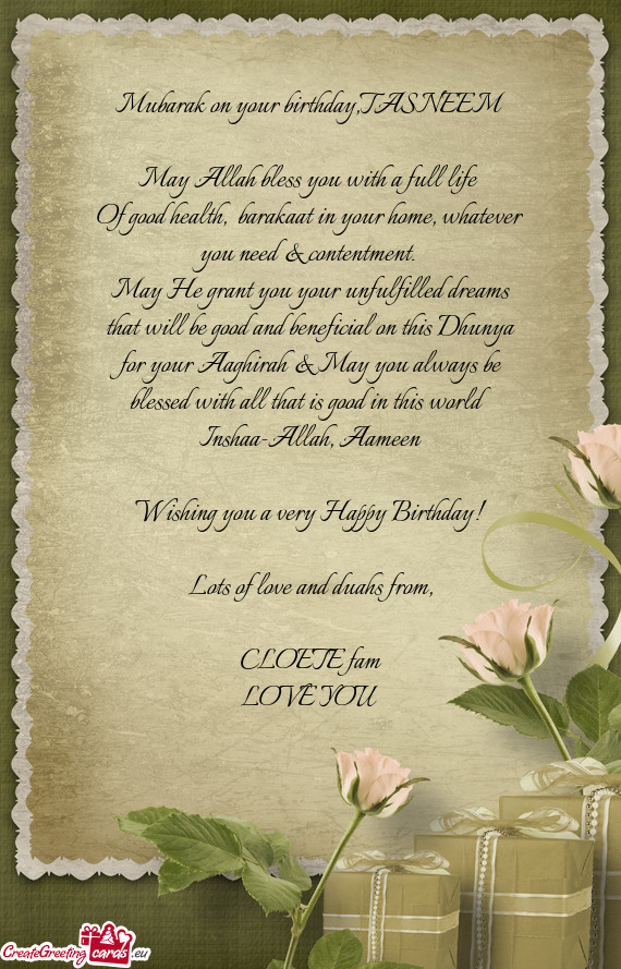 Mubarak on your birthday,TASNEEM