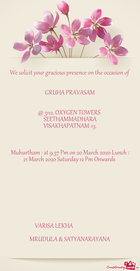 Muhurtham : at 9.37 Pm on 20 March 2020 Lunch : 21 March 2020 Saturday 12 Pm Onwards