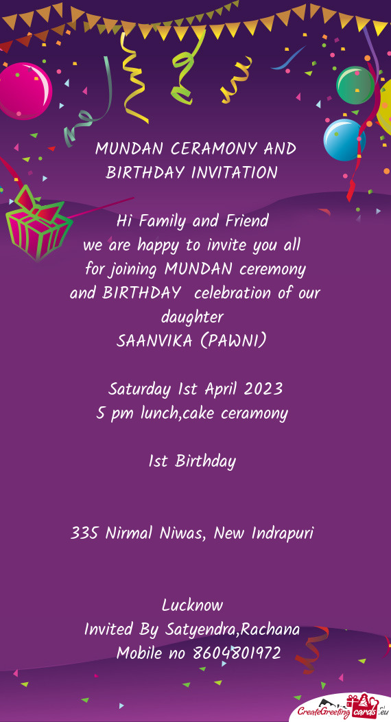 MUNDAN CERAMONY AND BIRTHDAY INVITATION