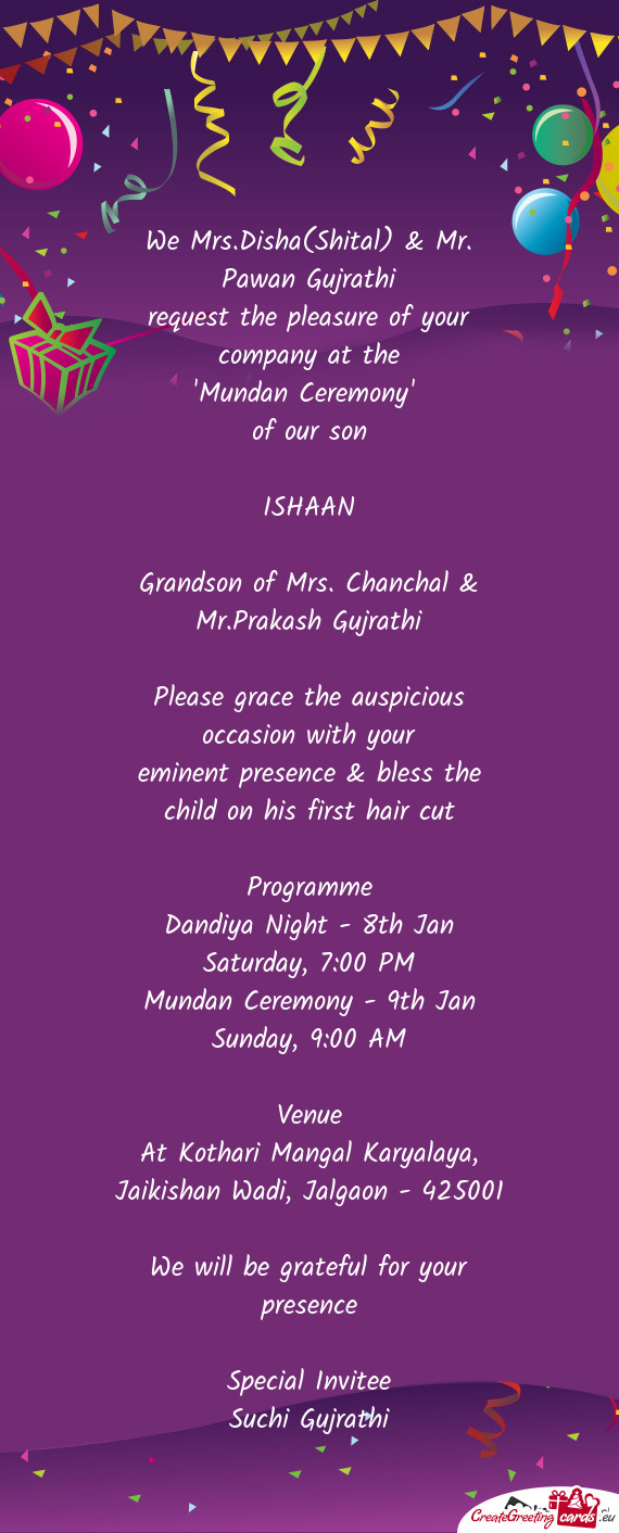 Mundan Ceremony - 9th Jan Sunday, 9:00 AM