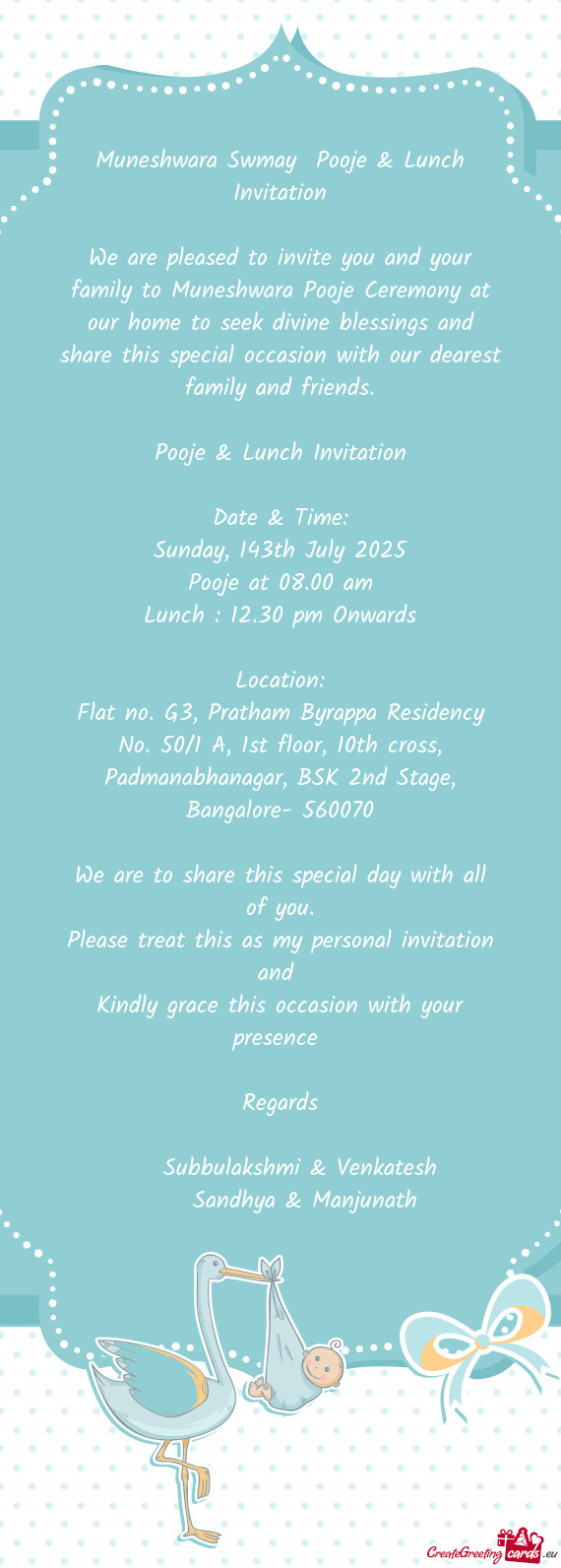 Muneshwara Swmay Pooje & Lunch Invitation