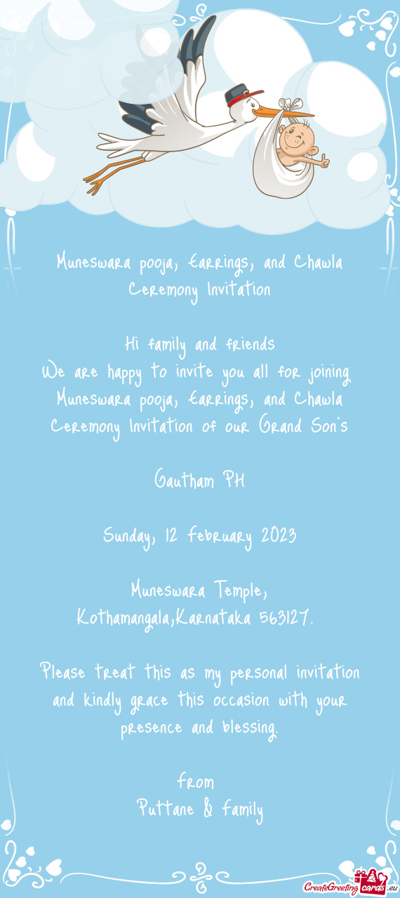 Muneswara pooja, Earrings, and Chawla Ceremony Invitation
