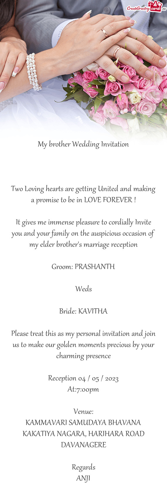 My brother Wedding Invitation  Two Loving hearts are getting United and making a promise to be