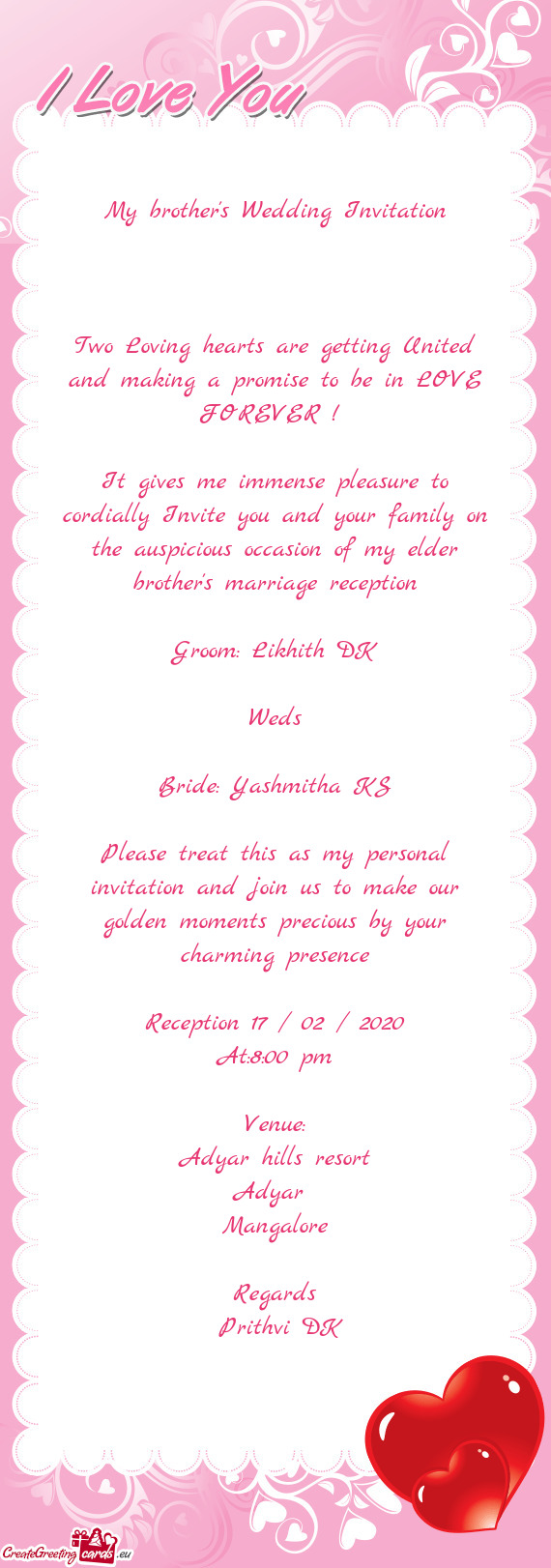 My brother's Wedding Invitation Two Loving hearts are getting ...