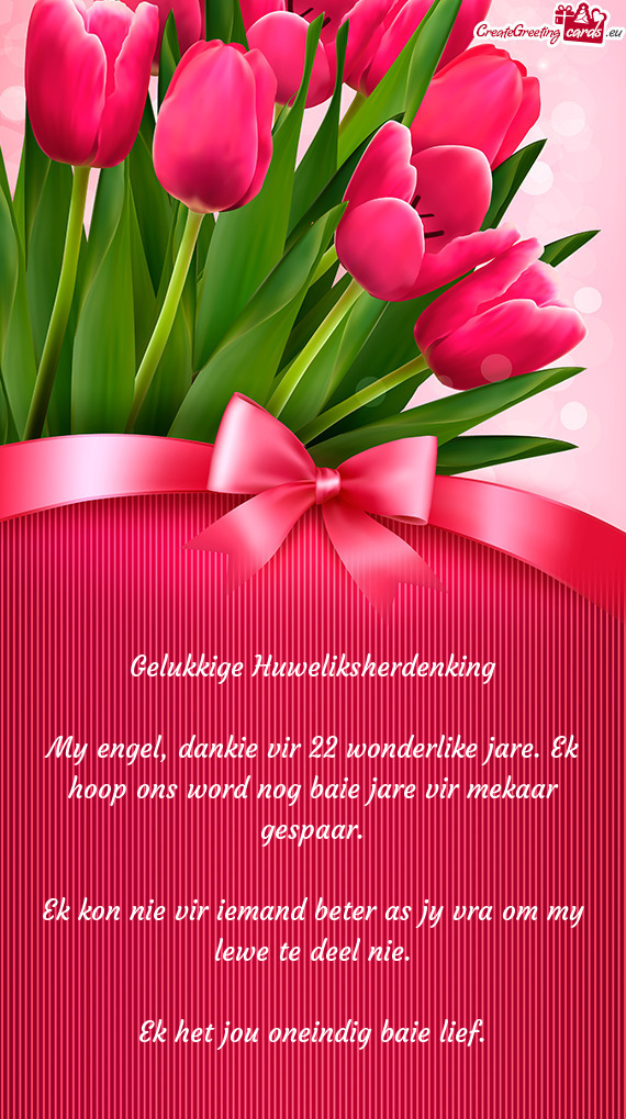 My engel, dankie vir 22 wonderlike jare. Ek hoop ons word nog baie jare vir mekaar gespaar