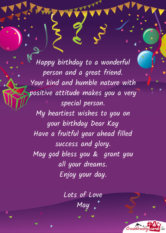 My heartiest wishes to you on your birthday Dear Kay