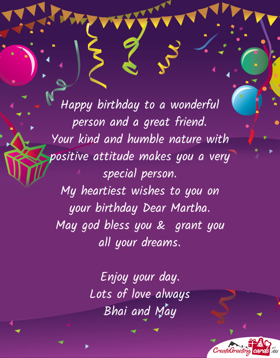 My heartiest wishes to you on your birthday Dear Martha