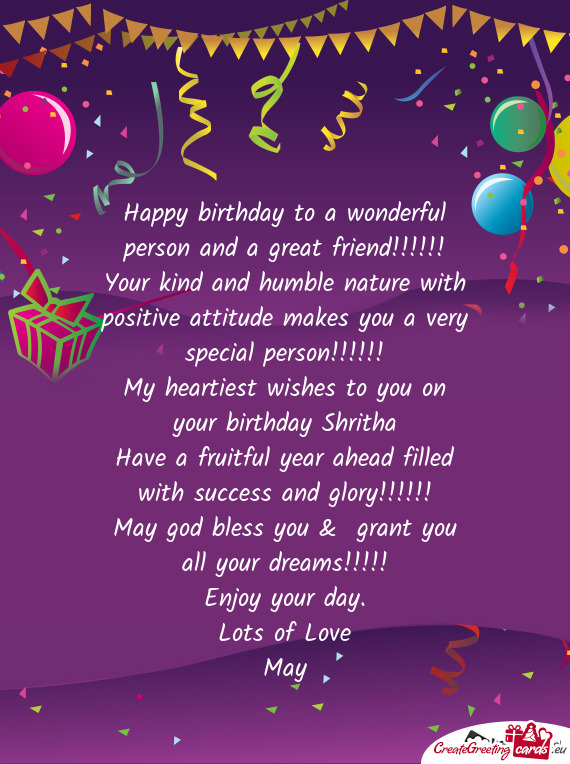 My heartiest wishes to you on your birthday Shritha