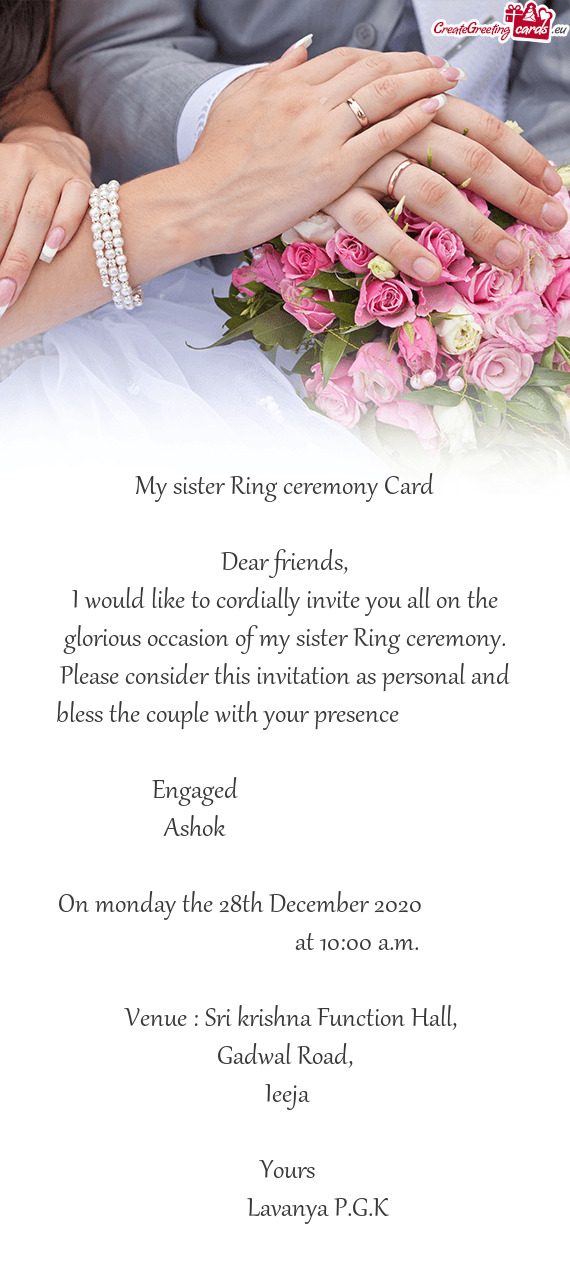 My sister Ring ceremony Card