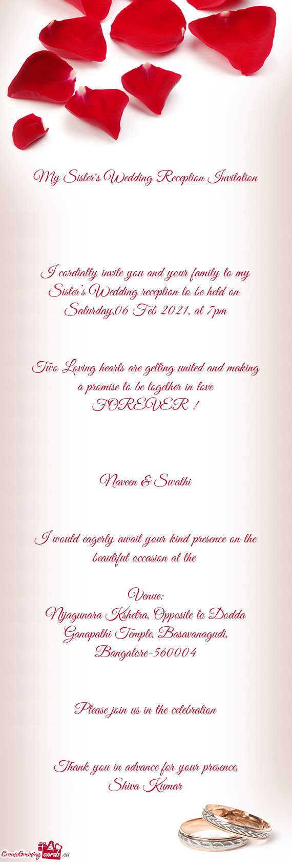 My Sister's Wedding Reception Invitation - Free cards