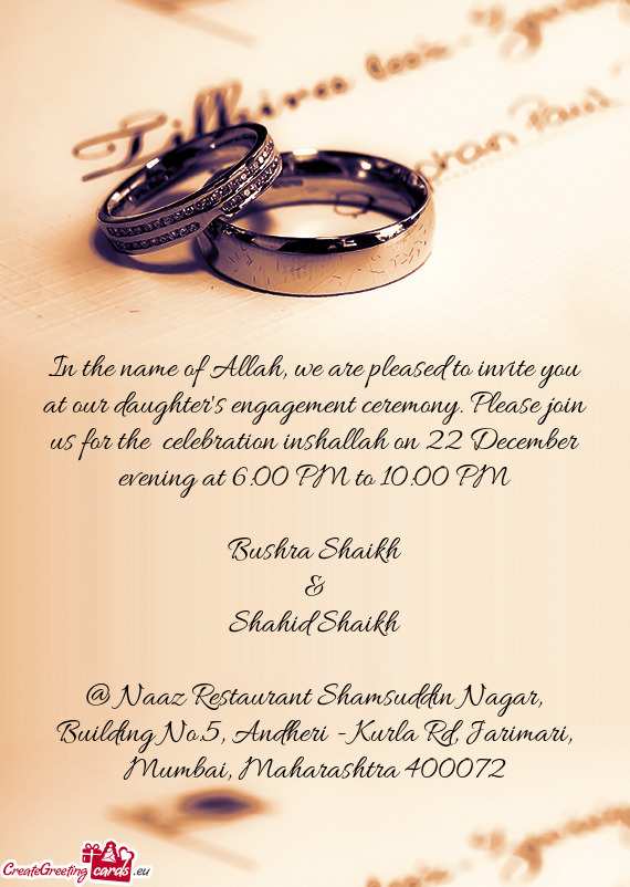 N us for the celebration inshallah on 22 December evening at 6:00 PM to 10:00 PM