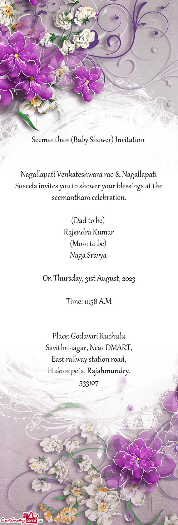 Nagallapati Venkateshwara rao & Nagallapati Suseela invites you to shower your blessings at the seem