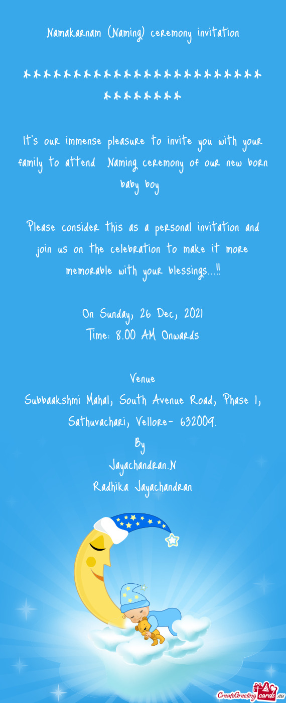 Namakarnam (Naming) ceremony invitation