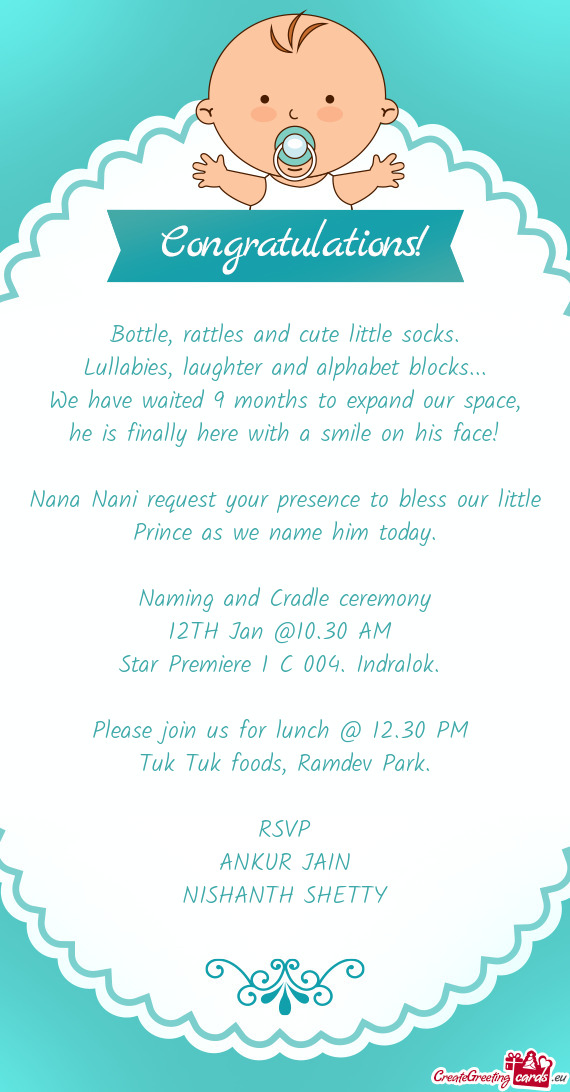 Naming and Cradle ceremony
 12TH Jan @10