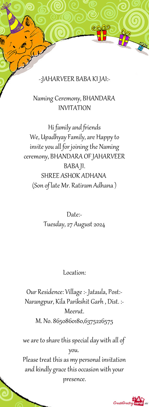 Naming Ceremony, BHANDARA INVITATION