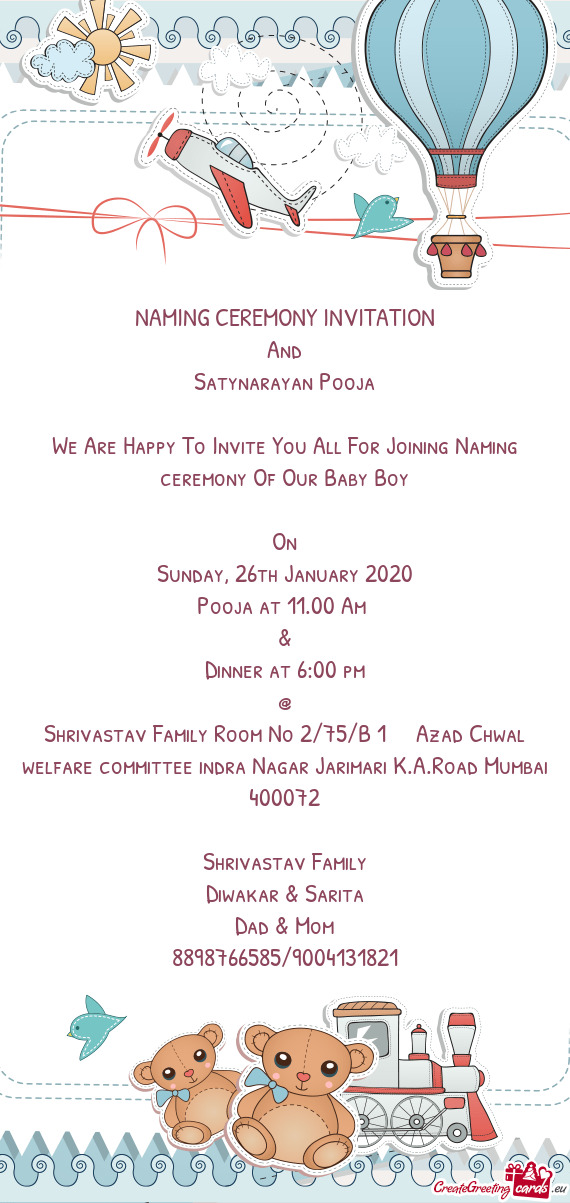 NAMING CEREMONY INVITATION  And  Satynarayan Pooja    We