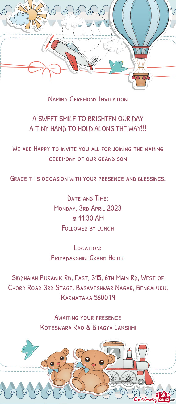 Naming Ceremony Invitation A SWEET SMILE TO BRIGHTEN OUR DAY A TINY HAND TO HOLD ALONG THE WAY