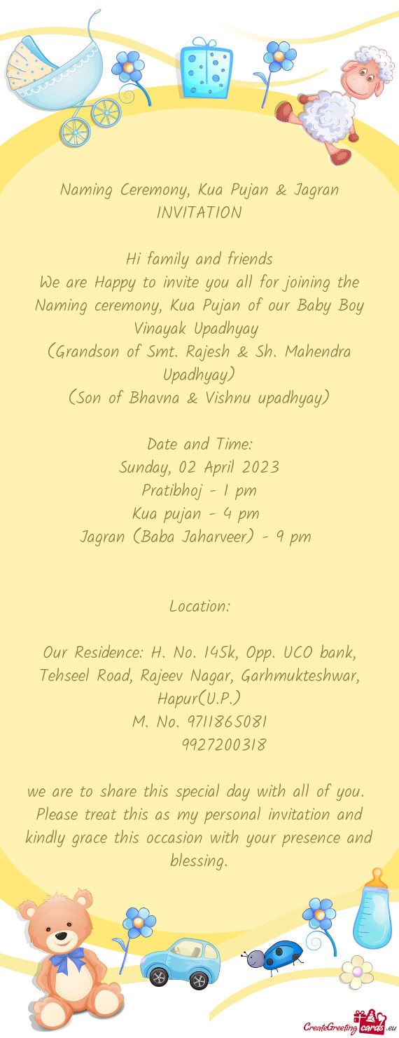Naming Ceremony, Kua Pujan & Jagran INVITATION - Free cards