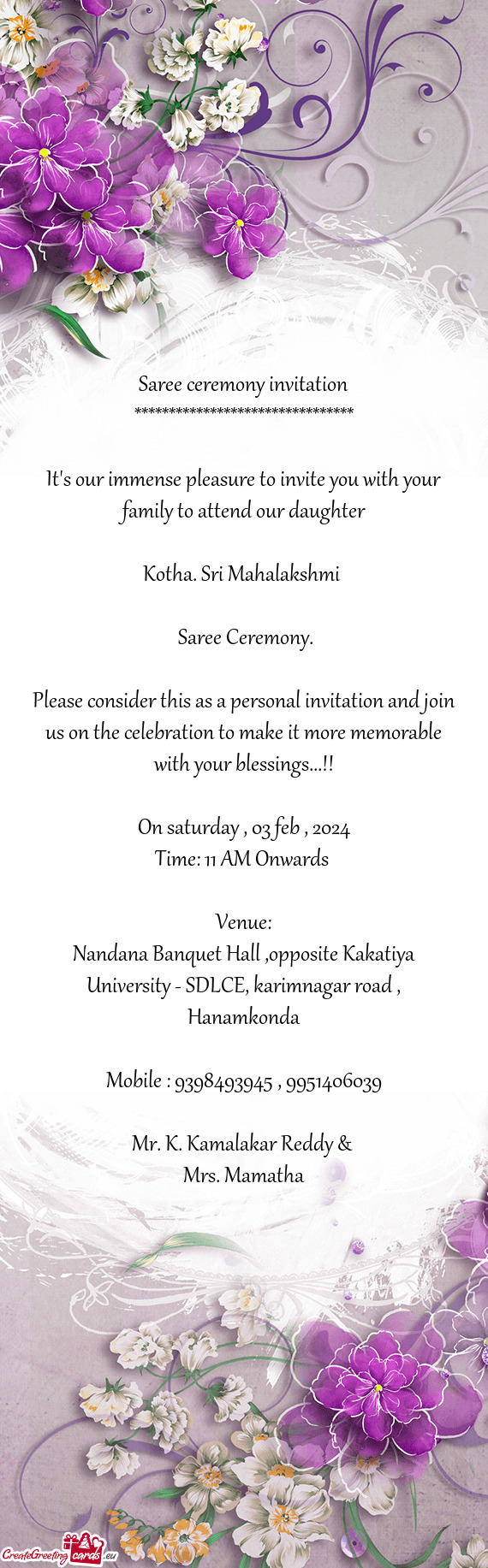Nandana Banquet Hall ,opposite Kakatiya University - SDLCE, karimnagar road , Hanamkonda