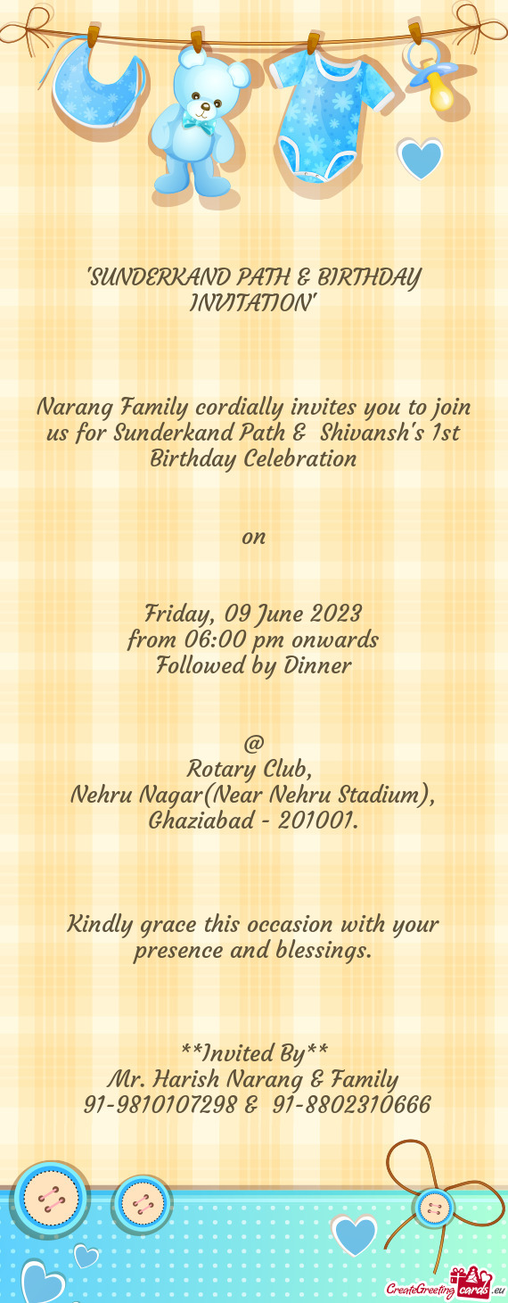 Narang Family cordially invites you to join us for Sunderkand Path & Shivansh
