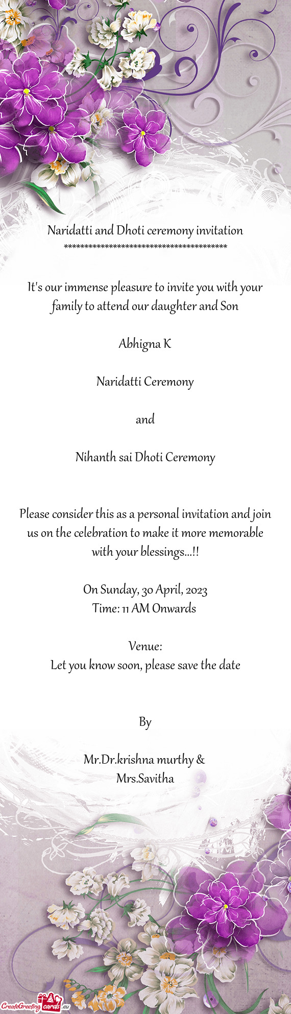 Naridatti and Dhoti ceremony invitation