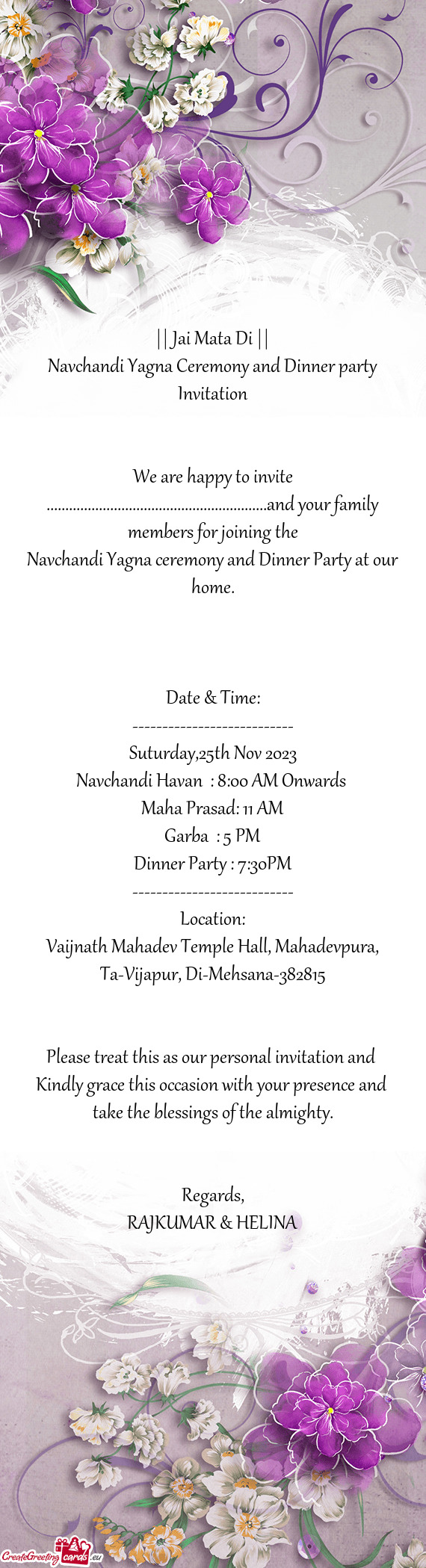 Navchandi Yagna Ceremony and Dinner party Invitation