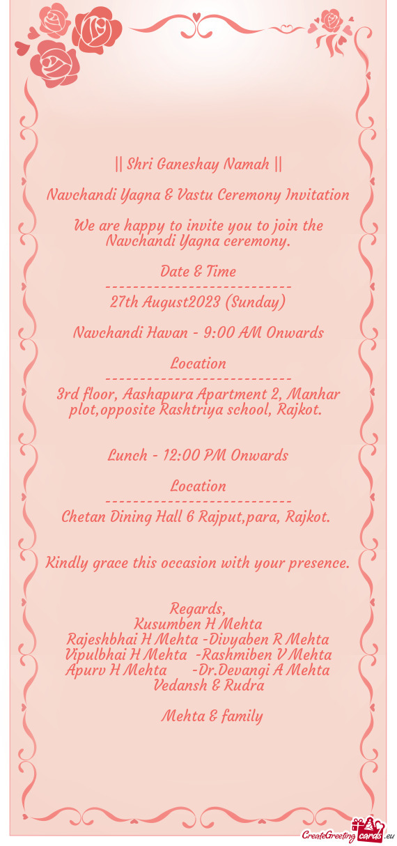 Navchandi Yagna & Vastu Ceremony Invitation