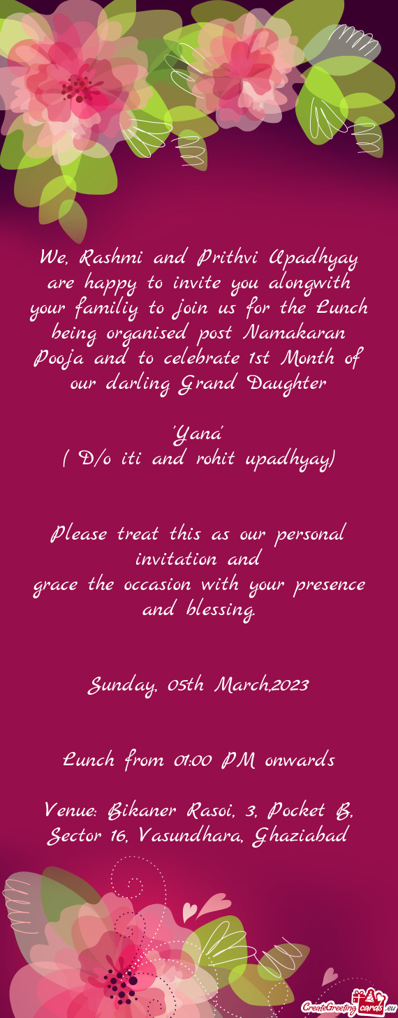 Nch being organised post Namakaran Pooja and to celebrate 1st Month of our darling Grand Daughter