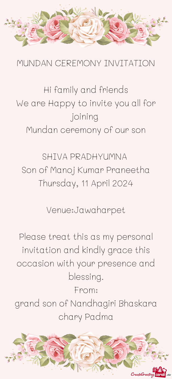 Ndan ceremony of our son SHIVA PRADHYUMNA Son of Manoj Kumar Praneetha Thursday