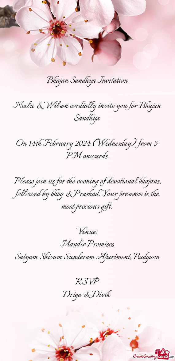 Neelu & Wilson cordially invite you for Bhajan Sandhya