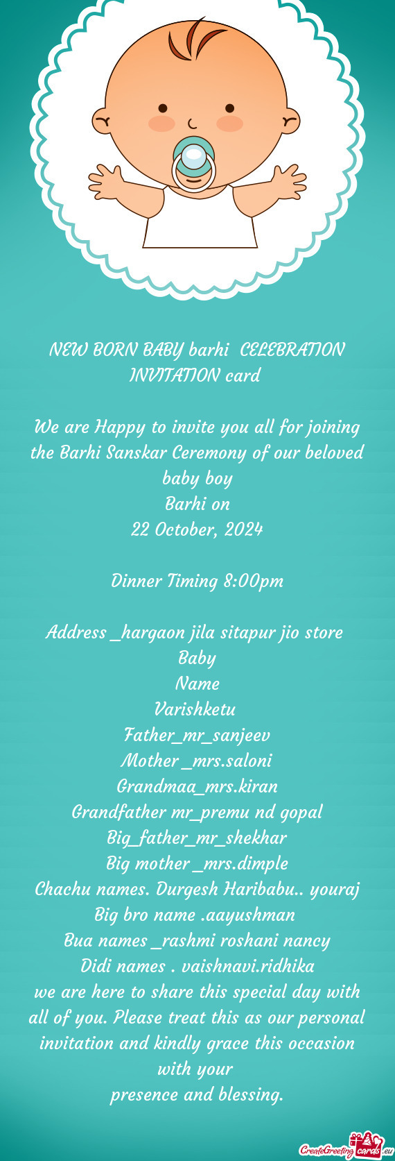 NEW BORN BABY barhi CELEBRATION INVITATION card